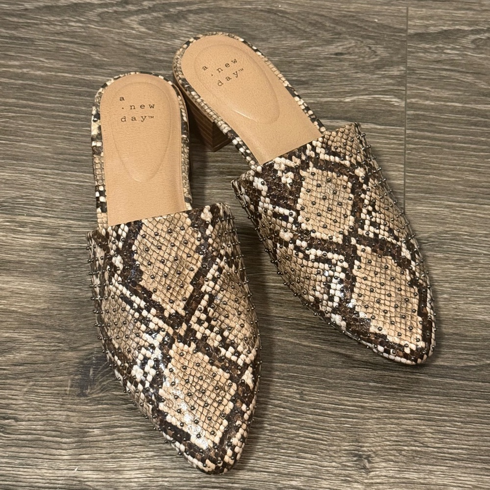 A New Day Snakeskin Pattern Mules - Tan and Black